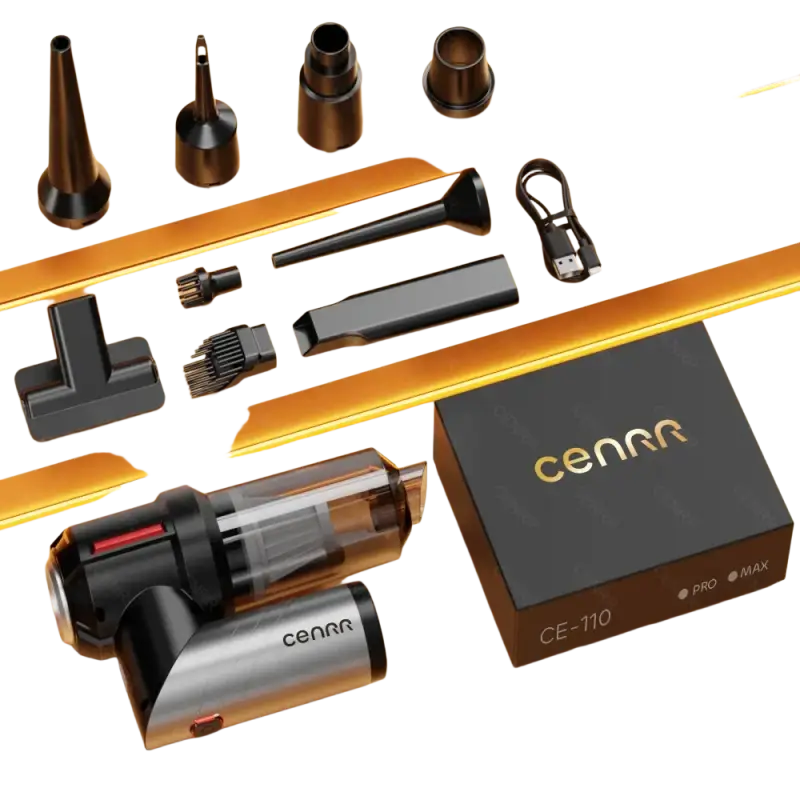 Black and silver wireless portable vacuum cleaner with HEPA filter and attachments