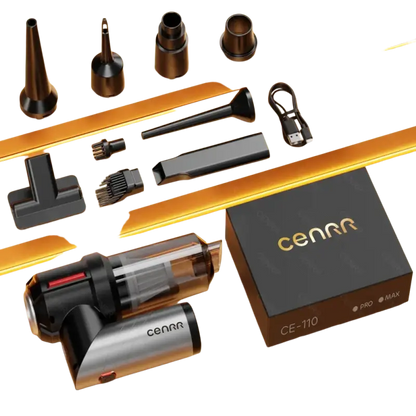 Black and silver wireless portable vacuum cleaner with HEPA filter and attachments