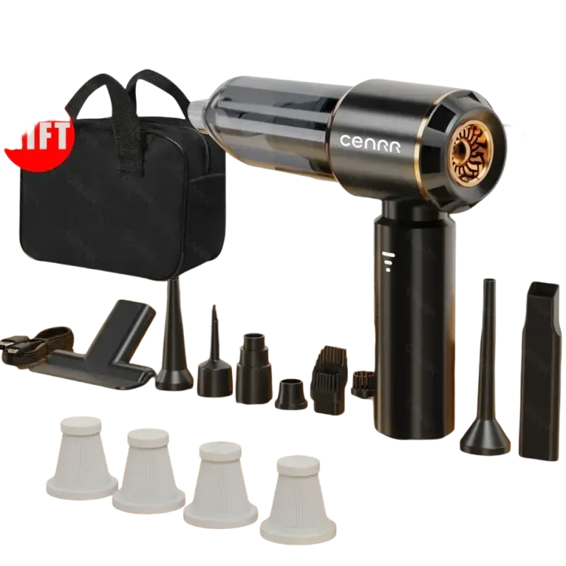 Black and gold wireless portable vacuum cleaner with HEPA filter and attachments