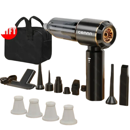 Black and gold wireless portable vacuum cleaner with HEPA filter and attachments