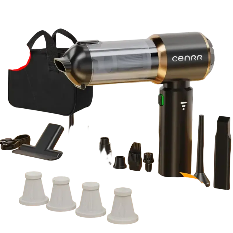 Gold and black wireless portable vacuum cleaner with attachments