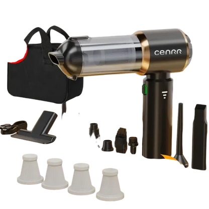 Gold and black wireless portable vacuum cleaner with attachments