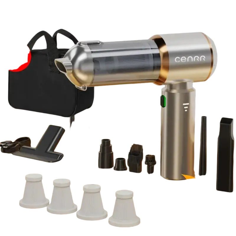 Gold and silver wireless portable vacuum cleaner with attachments and HEPA filter