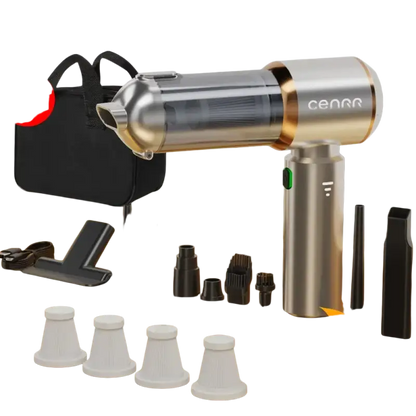 Gold and silver wireless portable vacuum cleaner with attachments and HEPA filter