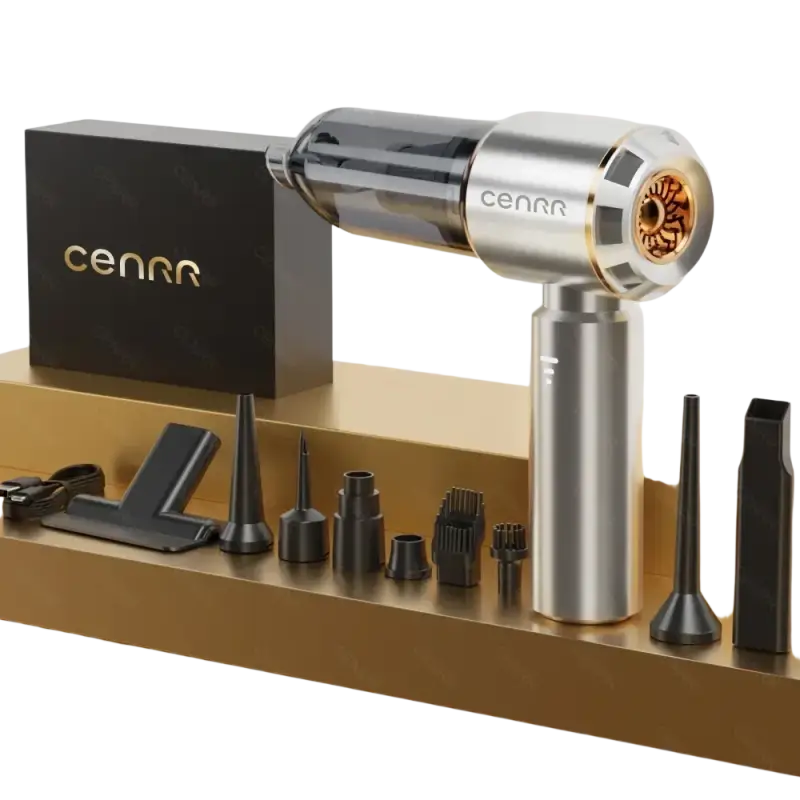 Sleek silver Cenrr wireless portable vacuum cleaner with attachments and HEPA filter