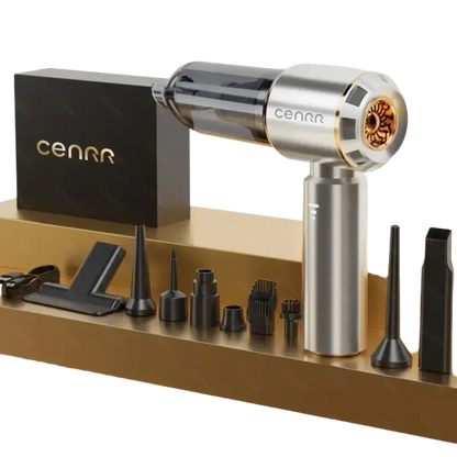 Sleek silver Cenrr wireless portable vacuum cleaner with attachments and HEPA filter