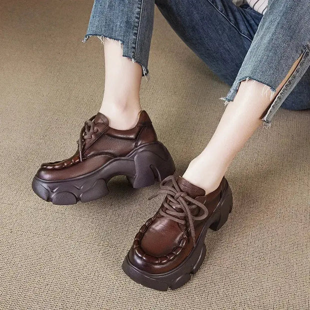 Women Genuine Leather Platform Wedge Super Thick Female Moccasin