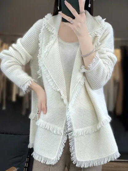 Women's Clothing Tassel Coat 100% Merino Wool Suit Collar Cardigan 2023 Autumn/ Winter Small Fragrance Coat Top Fashion Korean - laurichshop