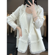 Women's Clothing Tassel Coat 100% Merino Wool Suit Collar Cardigan 2023 Autumn/ Winter Small Fragrance Coat Top Fashion Korean - laurichshop