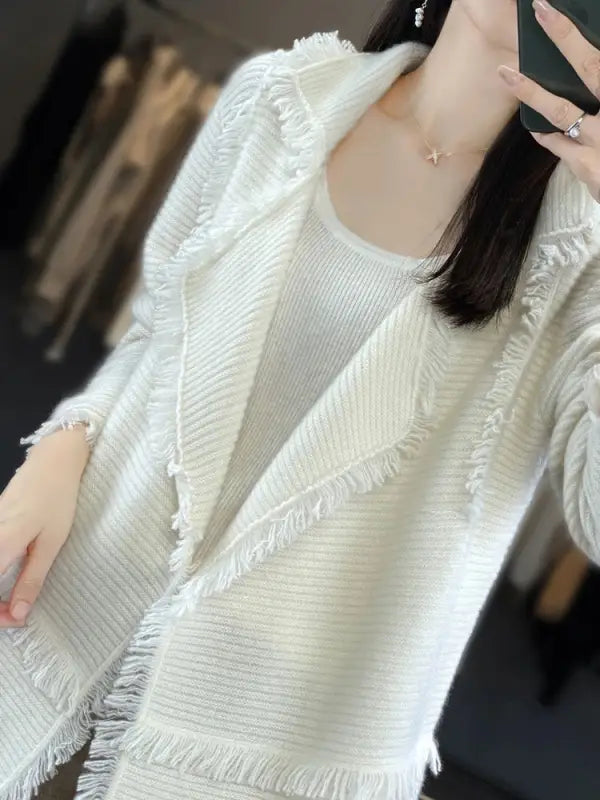 Women's Clothing Tassel Coat 100% Merino Wool Suit Collar Cardigan 2023 Autumn/ Winter Small Fragrance Coat Top Fashion Korean - laurichshop