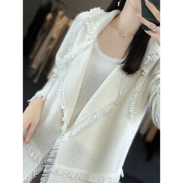 Women's Clothing Tassel Coat 100% Merino Wool Suit Collar Cardigan 2023 Autumn/ Winter Small Fragrance Coat Top Fashion Korean - laurichshop