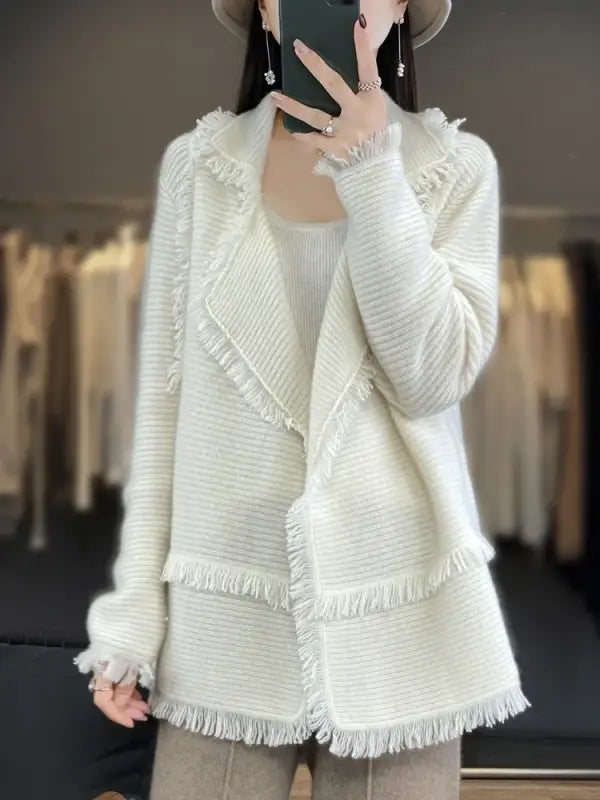 Women's Clothing Tassel Coat 100% Merino Wool Suit Collar Cardigan 2023 Autumn/ Winter Small Fragrance Coat Top Fashion Korean - laurichshop