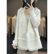 Women's Clothing Tassel Coat 100% Merino Wool Suit Collar Cardigan 2023 Autumn/ Winter Small Fragrance Coat Top Fashion Korean - laurichshop