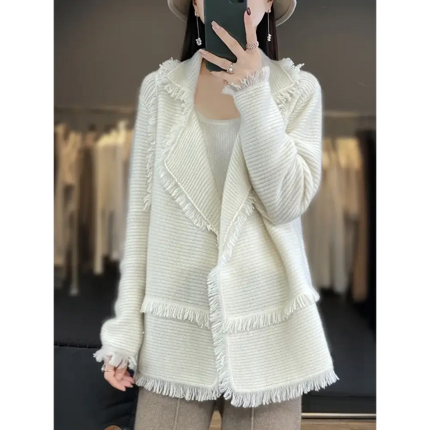 Women's Clothing Tassel Coat 100% Merino Wool Suit Collar Cardigan 2023 Autumn/ Winter Small Fragrance Coat Top Fashion Korean - laurichshop