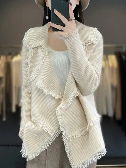 Women's Clothing Tassel Coat 100% Merino Wool Suit Collar Cardigan 2023 Autumn/ Winter Small Fragrance Coat Top Fashion Korean - laurichshop