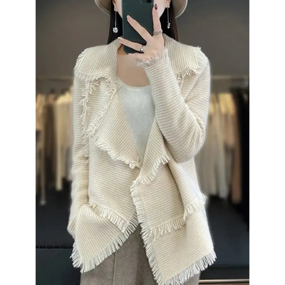 Women's Clothing Tassel Coat 100% Merino Wool Suit Collar Cardigan 2023 Autumn/ Winter Small Fragrance Coat Top Fashion Korean - laurichshop