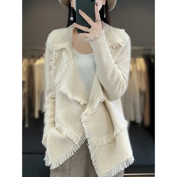 Women's Clothing Tassel Coat 100% Merino Wool Suit Collar Cardigan 2023 Autumn/ Winter Small Fragrance Coat Top Fashion Korean - laurichshop