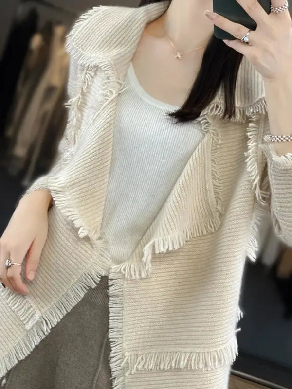 Women's Clothing Tassel Coat 100% Merino Wool Suit Collar Cardigan 2023 Autumn/ Winter Small Fragrance Coat Top Fashion Korean - laurichshop