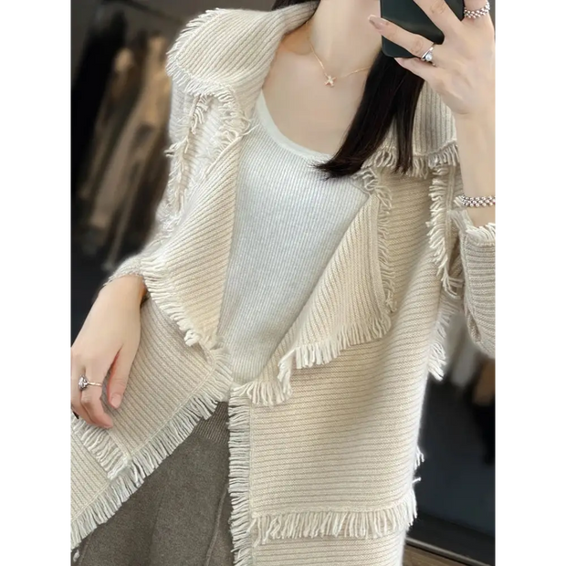 Women's Clothing Tassel Coat 100% Merino Wool Suit Collar Cardigan 2023 Autumn/ Winter Small Fragrance Coat Top Fashion Korean - laurichshop