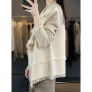 Women's Clothing Tassel Coat 100% Merino Wool Suit Collar Cardigan 2023 Autumn/ Winter Small Fragrance Coat Top Fashion Korean - laurichshop