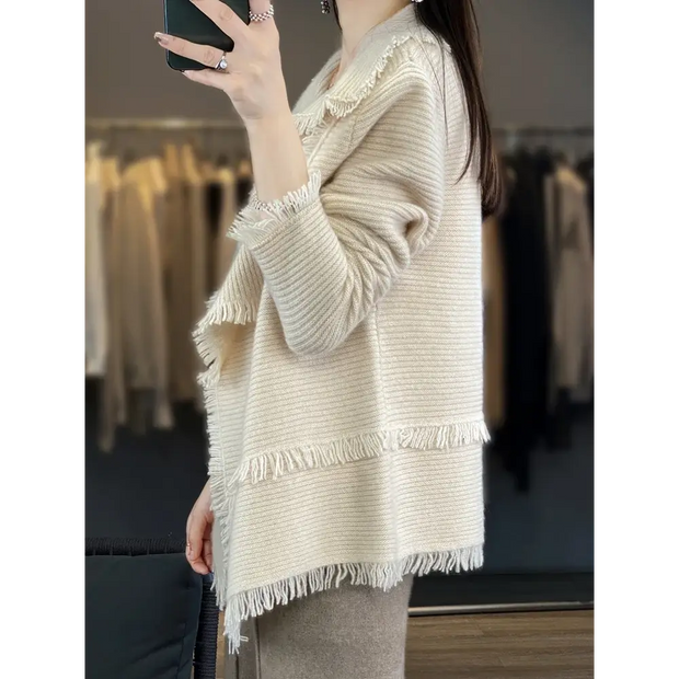 Women's Clothing Tassel Coat 100% Merino Wool Suit Collar Cardigan 2023 Autumn/ Winter Small Fragrance Coat Top Fashion Korean - laurichshop