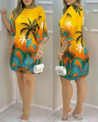 Women's Dress 2023 Summer Fashion Tropical Print Half Sleeve O-Neck Dresses Female Casual Party Beach Mini Loose Dress Vestidos - laurichshop