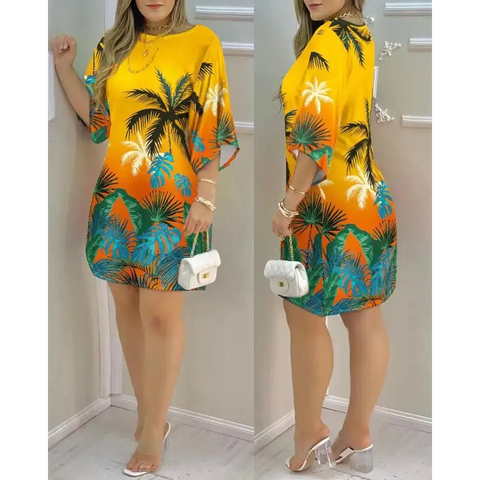 Women's Dress 2023 Summer Fashion Tropical Print Half Sleeve O-Neck Dresses Female Casual Party Beach Mini Loose Dress Vestidos - laurichshop