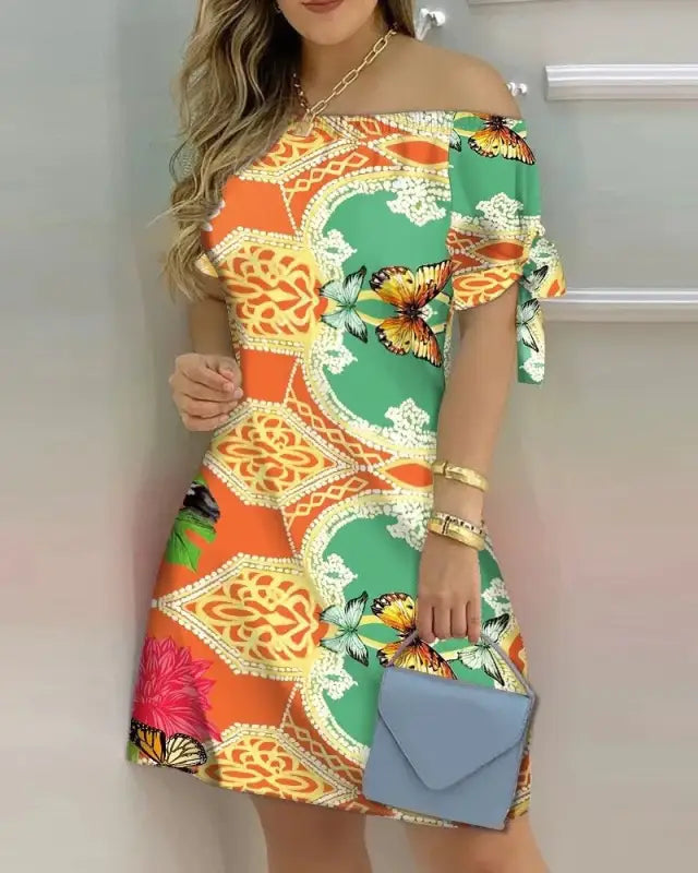 Women's Dress 2023 Summer Fashion Tropical Print Half Sleeve O-Neck Dresses Female Casual Party Beach Mini Loose Dress Vestidos - laurichshop