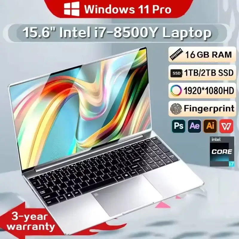 15.6" Intel i7-8500Y laptop with 16GB RAM, 1TB/2TB SSD, Windows 11 Pro, fingerprint unlock, and 3-year warranty.
