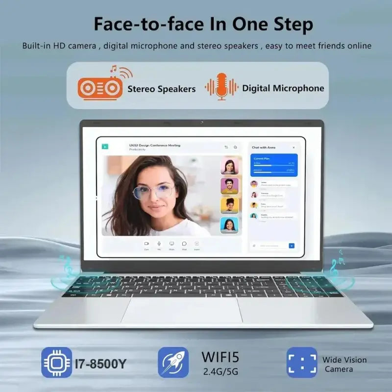 Xiangmei laptop featuring HD camera, digital microphone, stereo speakers, and Intel i7-8500Y, perfect for online meetings.