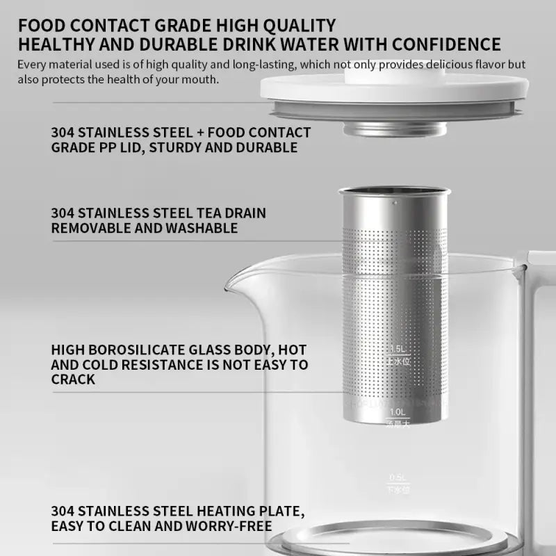 Xiaomi Mijia multifunctional health electric glass kettle with 304 stainless steel pitcher, borosilicate body, removable tea drain