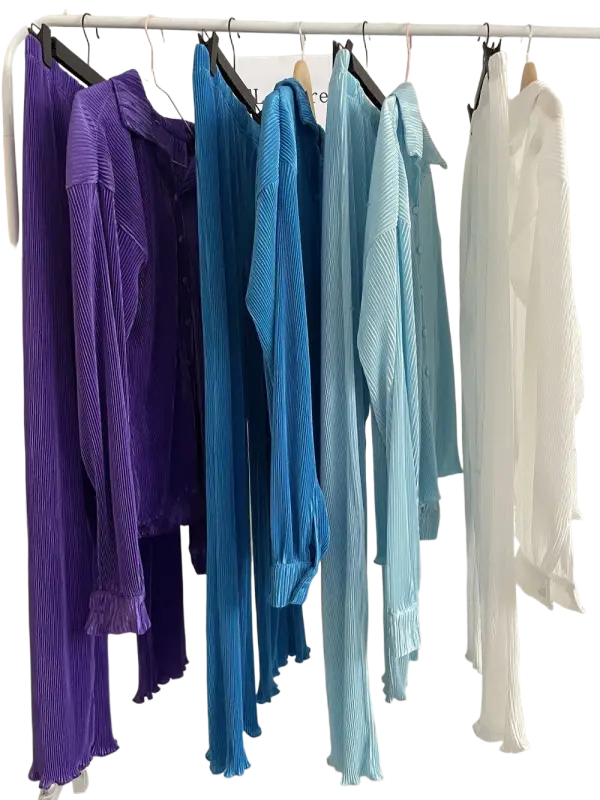 CM.YAYA Pleated Solid Women Set Long Sleeve Shirts and Straight Wide Leg Pants - laurichshop