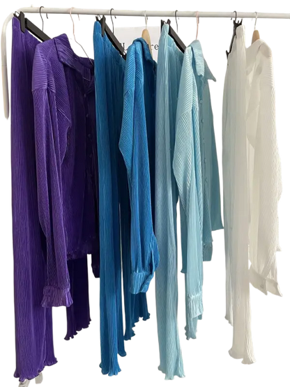 CM.YAYA Pleated Solid Women Set Long Sleeve Shirts and Straight Wide Leg Pants - laurichshop