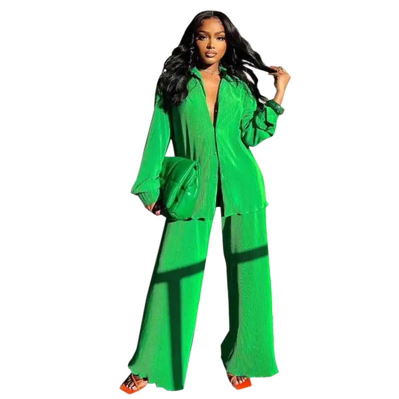 CM.YAYA Pleated Solid Women Set Long Sleeve Shirts and Straight Wide Leg Pants - laurichshop