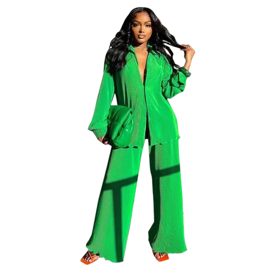 CM.YAYA Pleated Solid Women Set Long Sleeve Shirts and Straight Wide Leg Pants - laurichshop