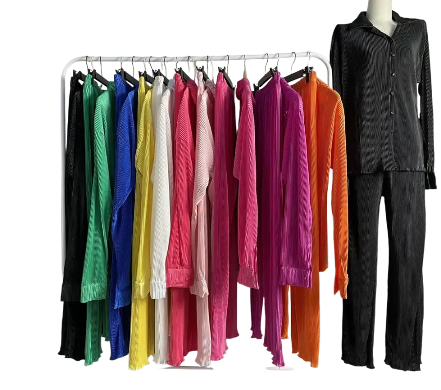 CM.YAYA Pleated Solid Women Set Long Sleeve Shirts and Straight Wide Leg Pants - laurichshop