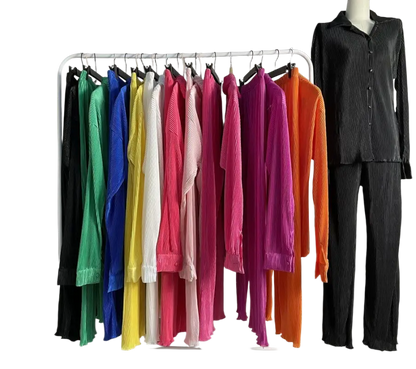 CM.YAYA Pleated Solid Women Set Long Sleeve Shirts and Straight Wide Leg Pants - laurichshop