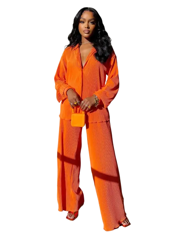 CM.YAYA Pleated Solid Women Set Long Sleeve Shirts and Straight Wide Leg Pants - laurichshop