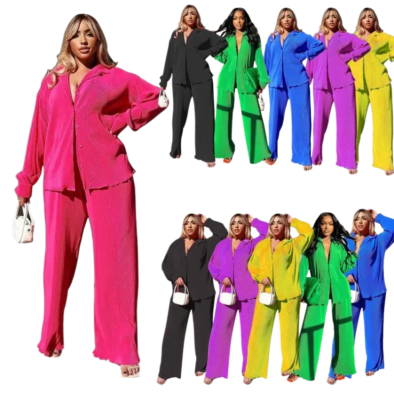 CM.YAYA Pleated Solid Women Set Long Sleeve Shirts and Straight Wide Leg Pants - laurichshop