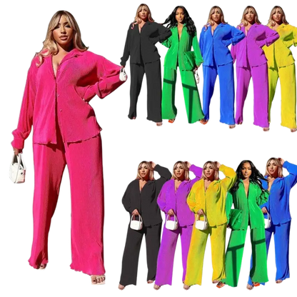 CM.YAYA Pleated Solid Women Set Long Sleeve Shirts and Straight Wide Leg Pants - laurichshop