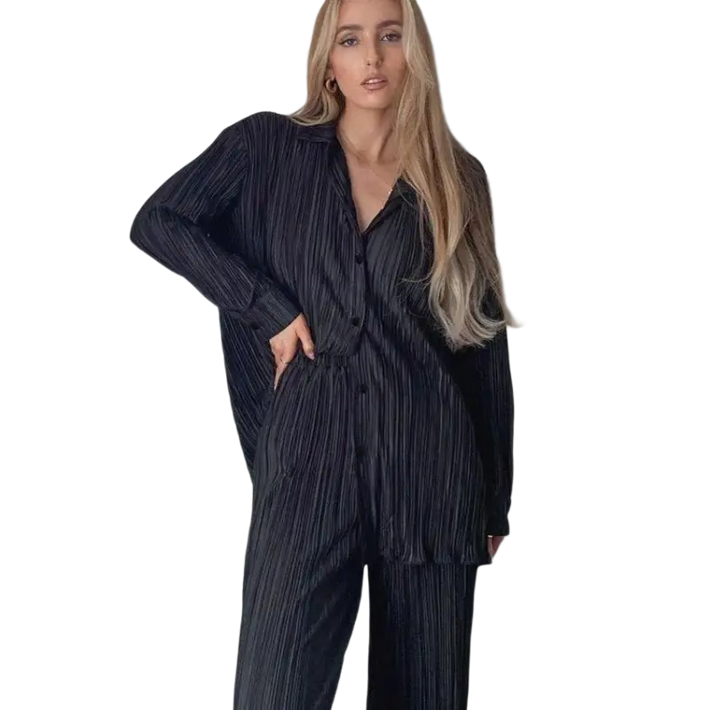 CM.YAYA Pleated Solid Women Set Long Sleeve Shirts and Straight Wide Leg Pants - laurichshop