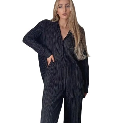 CM.YAYA Pleated Solid Women Set Long Sleeve Shirts and Straight Wide Leg Pants - laurichshop