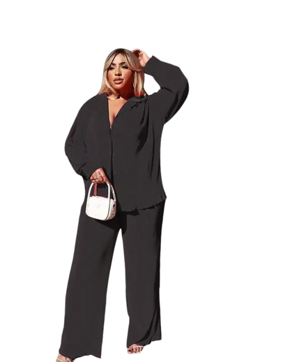 CM.YAYA Pleated Solid Women Set Long Sleeve Shirts and Straight Wide Leg Pants - laurichshop