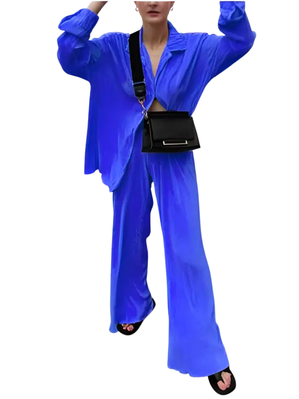 CM.YAYA Pleated Solid Women Set Long Sleeve Shirts and Straight Wide Leg Pants - laurichshop