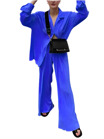 CM.YAYA Pleated Solid Women Set Long Sleeve Shirts and Straight Wide Leg Pants - laurichshop