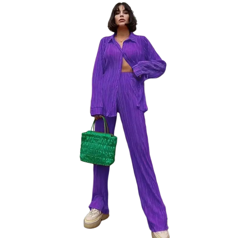 CM.YAYA Pleated Solid Women Set Long Sleeve Shirts and Straight Wide Leg Pants - laurichshop