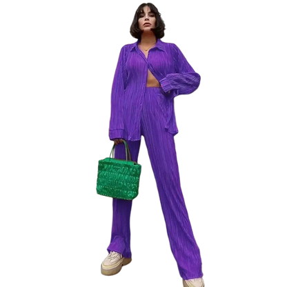 CM.YAYA Pleated Solid Women Set Long Sleeve Shirts and Straight Wide Leg Pants - laurichshop