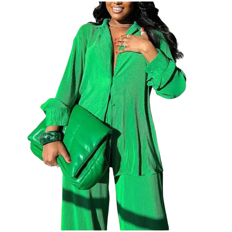 CM.YAYA Pleated Solid Women Set Long Sleeve Shirts and Straight Wide Leg Pants - laurichshop