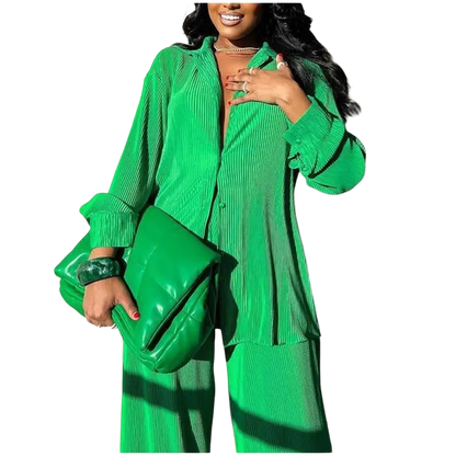 CM.YAYA Pleated Solid Women Set Long Sleeve Shirts and Straight Wide Leg Pants - laurichshop