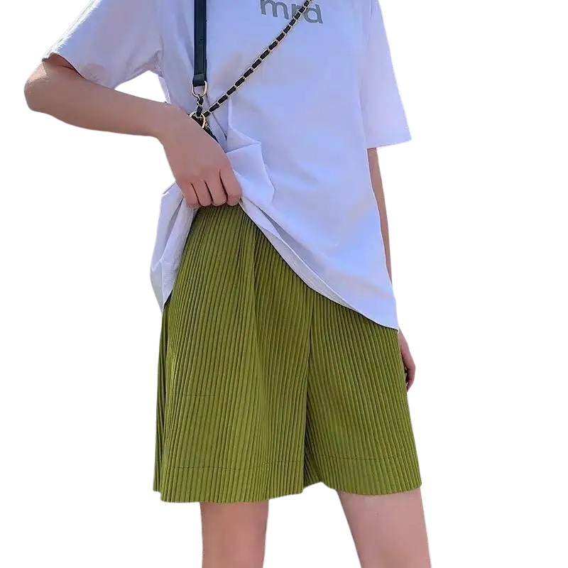 CM.YAYA Pleated Solid Women Set Long Sleeve Shirts and Straight Wide Leg Pants - laurichshop